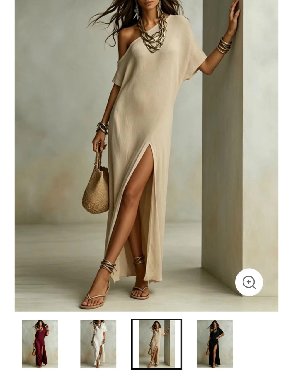 One-Shoulder Maxi Dress with Front Slit - Beige